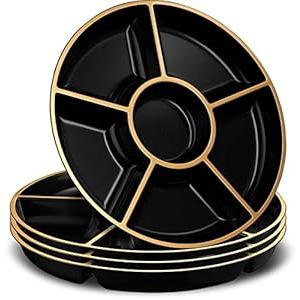 PLASTICPRO 6 Sectional Round Plastic Serving Tray/ Platters Black & Gold Pack of 2 