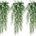 RECUTMS Artificial Hanging Plants Fake Hanging Plant Faux Eucalyptus Leaf Greenery Vine Outdoor UV Resistant Plastic Plants Home Garden Wedding Party Indoor Outdoor Decorations(White)