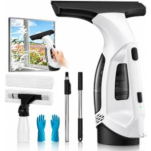 Plubedo Cordless Window Vacuum Squeegee with Extension Pole Electric Window Cleaner Tool 11 inchs Electric Window Vacuum Shower Squeegee for Shower Door, High Window, Tile and Car Windshield