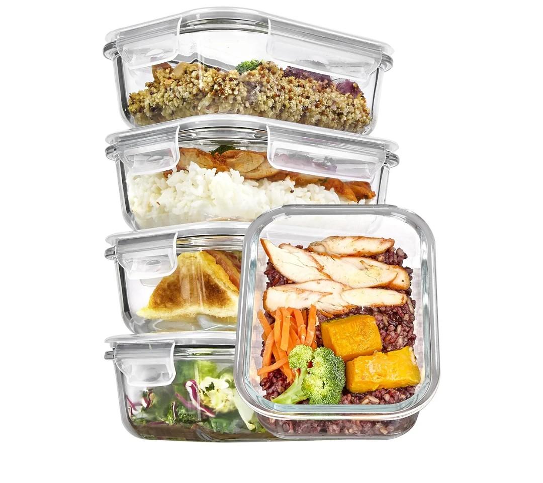 5Pack 22oz Glass Meal Prep Glass Storage Food Container Sets with Snap Airtight Lids for Microwave, Oven, Freezer and Dishwasher
