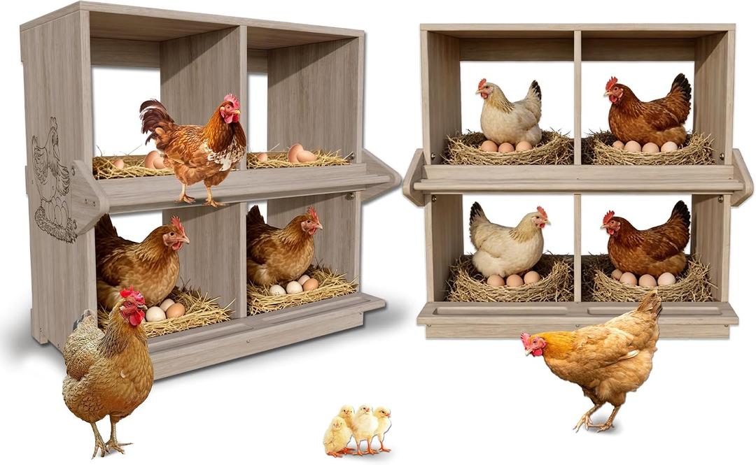 Wooden Nesting Boxes for Chickens Two-Tier Chicken Nesting Box with Swing Perches Floor and Wall Mount Large Laying Eggs Nest Box for Chickens Hens Ducks Poultry (8 Compartments)