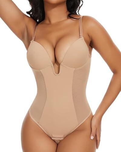 SHAPERIN Women's Backless Body Shaper Bra Faja U Plunge Low Back Thong Shapewear Tummy Control Deep V Bodysuit, M