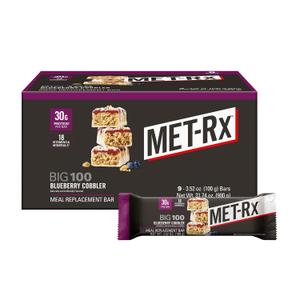 MET-Rx Big 100 Protein Bars, Blueberry Cobbler, 30g Protein, 9 Ct | Great as Healthy Meal Replacement, Snack, and Help Support Energy, With Vitamin A, Vitamin C, and Zinc (EXP 04/30/27)