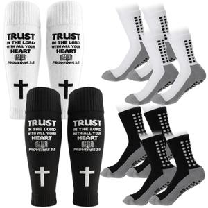 4 Pcs Grip Socks Soccer and Shin Guard Sleeves, 2 Pairs Anti Slip Socks 2 Pairs Inspirational Verse Sleeve for Men Women