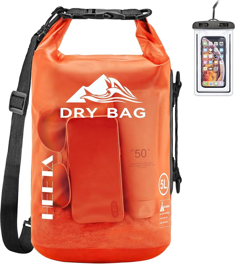 HEETA Dry Bag Waterproof for Women Men, 5L Roll Top Lightweight Dry Storage Bag Backpack with Phone Case for Travel, Swimming, Boating, Kayaking, Camping & Beach, 11 Transparent Colors (Orange)