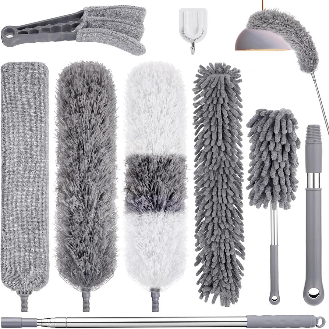 9PCS Dusters for Cleaning,Extendable Microfiber Duster with Extension Pole Up to 100'',Bendable Washable and Reusable Dusters Kit for Ceiling Fans, High Ceilings,Blinds,Furniture and Cars (Gray)