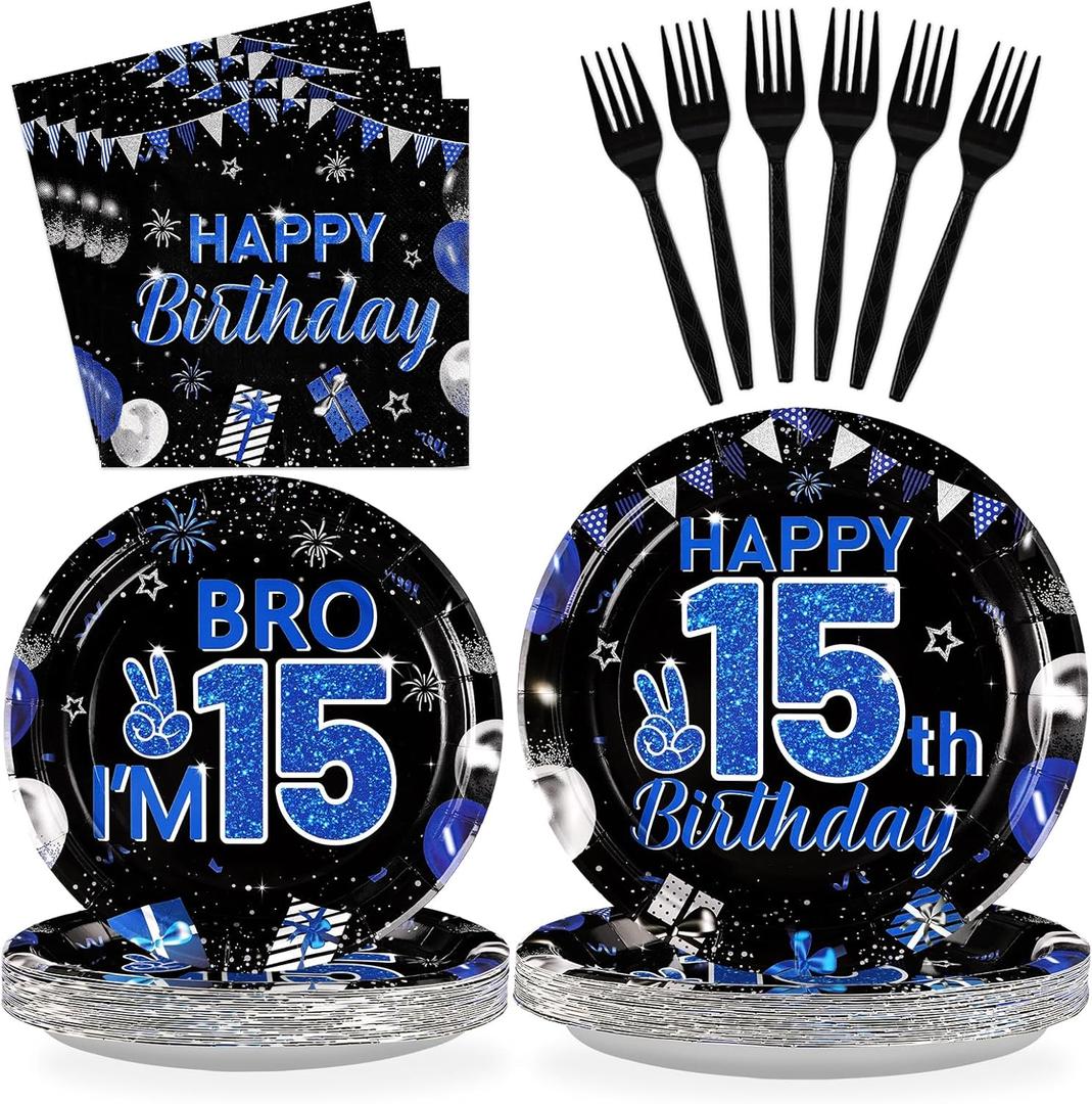 Grencian 96Pcs 15th Birthday Party Decorations for Boys Blue and Black 15th Birthday Plates Disposable Official Teen 15 Tableware for Teen Boy Im 15 Bro 15 Years Old Halloween Party Serves 24