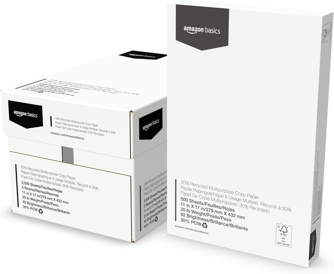 Amazon Basics 30% Recycled Multipurpose Copy Printer Paper, 5 Reams, 2500 Count (5 Packs of 500), 11" x 17", White
