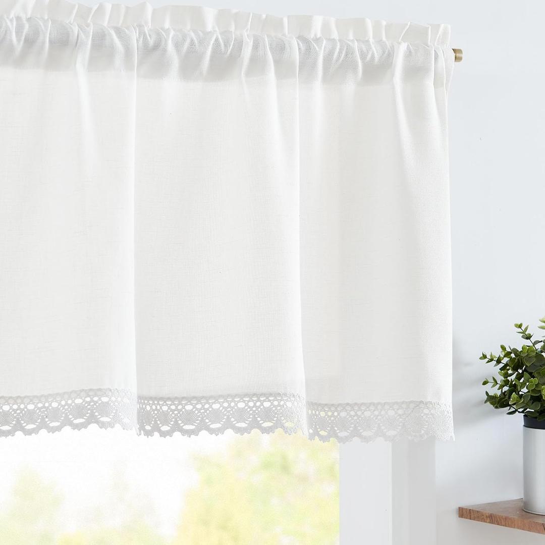 jinchan Linen Valance with Lace Trim Farmhouse Rustic Valance Curtain for Window 18 Inch Small Window Treatment for Living Room Dining Room Semi Sheer Light Filtering Rod Pocket 1 Panel Off White