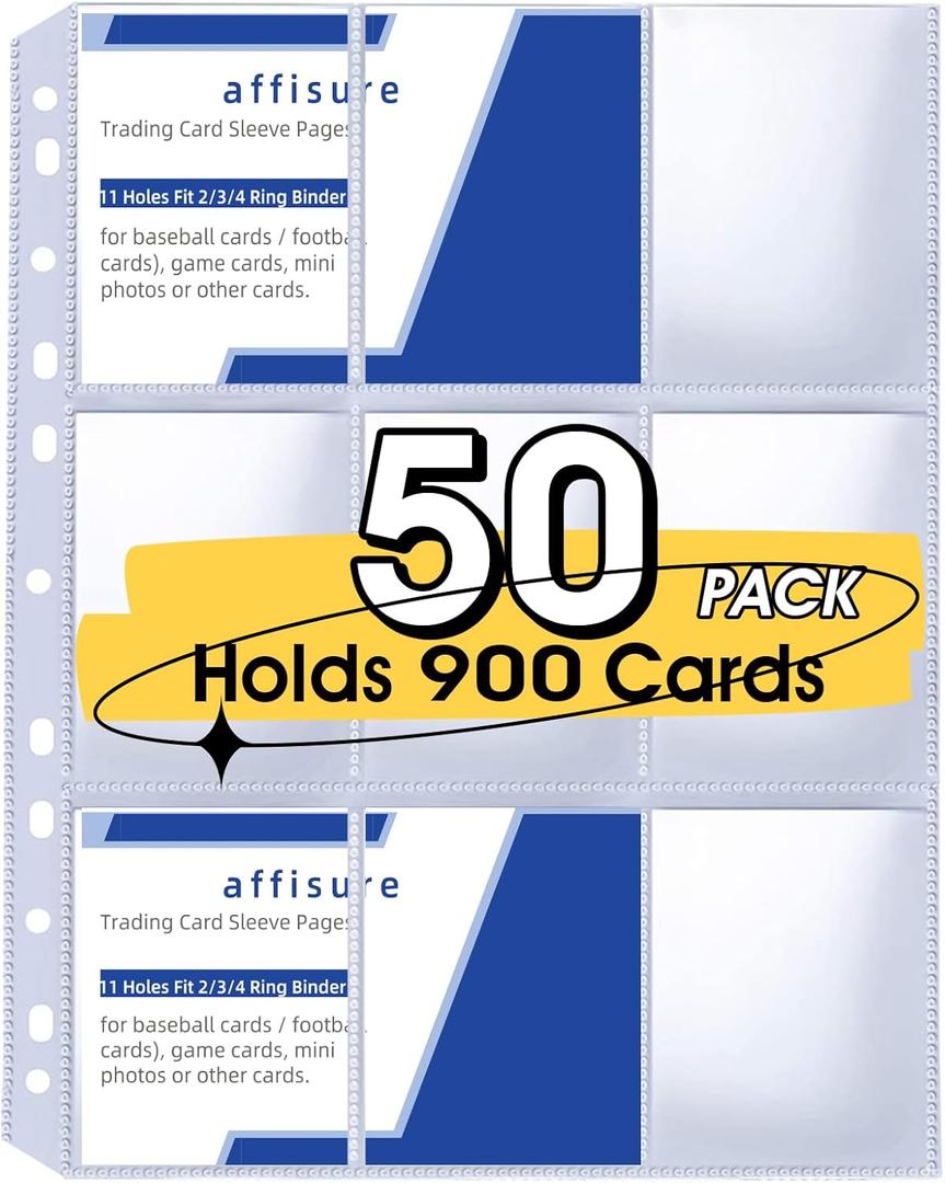 9 Pocket Card Sleeves, Holds 900 Cards, Trading Card Binder Sleeves, 3 Ring 9 Pocket Pages for Sports Cards, Coupons, Game Cards, 50 Pack