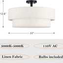 22 Inch LED 28W Adjustable 3000/4000/5000 Black Double Drum Linen Fabric Shade Semi Flush Mount Close to Ceiling Light Fixture for Bedroom,Living Room,Dining Room Hallway