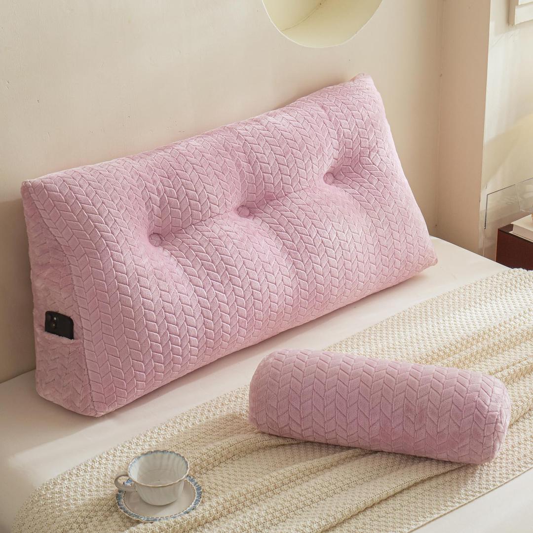 YOUR MOON Wedge Headboard Pillow Twin Size, Triangular Wedge Backrest Pillow with 1 Pack Neck Roll Pillows, Headboard Pillow for Bed,Daybed,and Lounging, Large Bed Bolster Pillows,Pink
