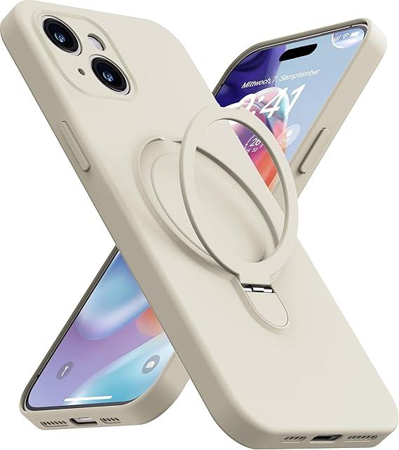 Mephoro Magnetic Stand for iPhone 15 Plus Case, Liquid Silicone, [Compatible with MagSafe][Builtin Kickstand&Ring Holder] AntiScratch Soft Microfiber Lining, Cream