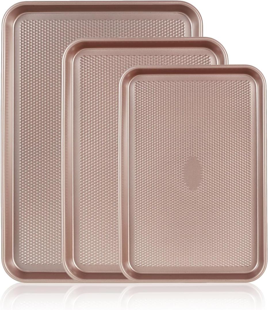 SS&CC Nonstick Baking Sheet Pan Set of 3, 0.8mm Carbon Steel Cookie Sheets for Oven - Half/Quarter/Jelly Roll Pans with Diamond Texture, PFOA-Free & Oven Safe (17.5x12, 15.5x10.2, 13.5x9.5 Inch) (Gold)