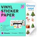 Printable Vinyl Sticker Paper for Inkjet Printer-30 Sheets Glossy White 8.5" x 11" Waterproof Labels Paper, Dries Quickly, Vivid Colors, Tear Resistant, DIY Christmas Stickers