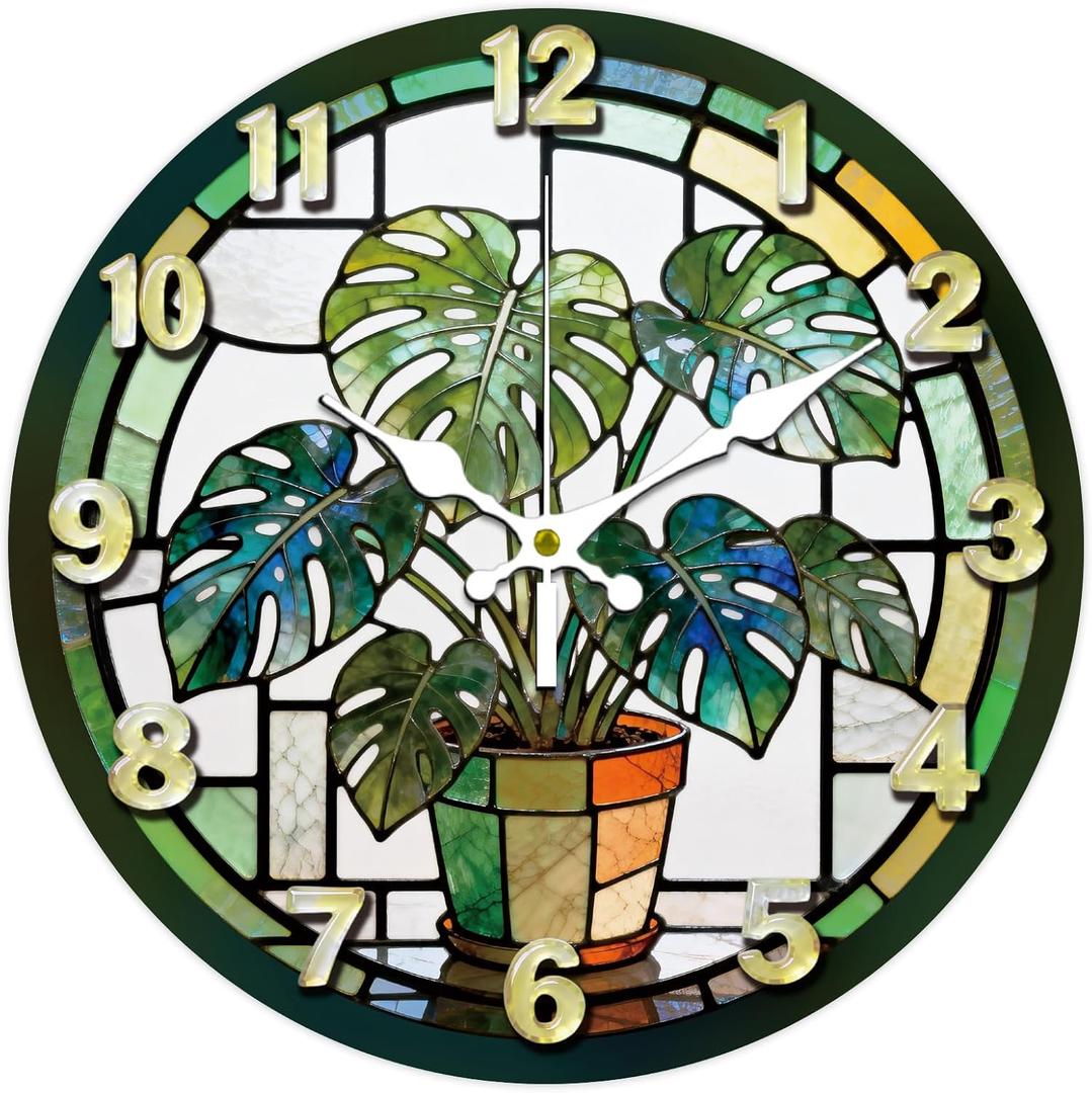 Colourful Glass Potted Plant Pattern Wall Clock 12 Inch Non-Ticking Clocks Round Wall Hanging Clock Battery Operated for Bedroom Living Room Kitchen Office