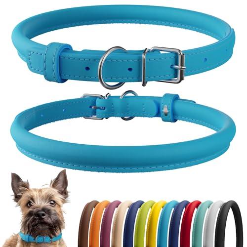 CollarDirect Rolled Leather Dog Collar, Soft Padded Round Puppy Collar, Handmade Genuine Leather Collar Dog Small Large Cat Collars 13 Colors (S, Light Blue Smooth)