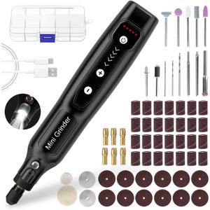 Cordless Mini Rotary Tool Set - 64Pcs Accessories 5 Speed 5000-18000rpm Multi-Purpose Mini Electric Grinder Kit 3.7V USB Rechargeable with Light for Engraving Grinding Polishing Cutting DIY Black
