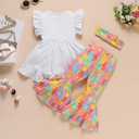 Noubeau Toddler Baby Girl Easter Outfits Ruffle Letter Rabbit Print Dress Shirt Top Leopard Bell-Bottom Flare Pant Headband (White)