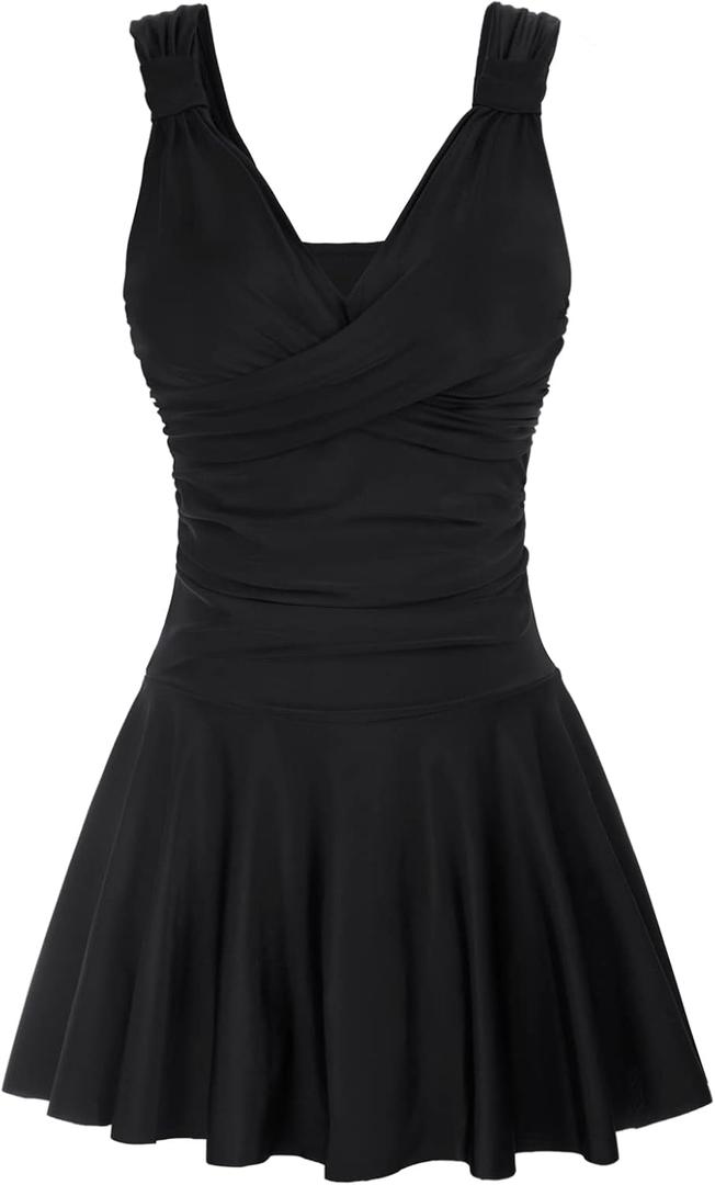 GRACE KARIN Women's One Piece Swimdress Tummy Control Bathing Suit V Neck Swimsuit Ruched Skirt Swimwear (Black-pure) S