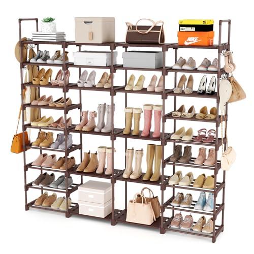 ROJASOP Large Shoe Rack Organizer for Entryway Closet 64-68 Pairs 9-Tier Heavy Duty Tall Garage Shoe Rack Shoe Shelf Shoes Storage with 18 Pcs Removable Side Hooks for Bedroom and Garage Brown