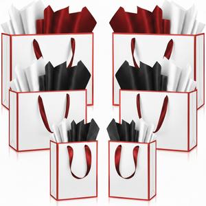 Yeaqee 12 Sets Metallic Paper Gift Bags with Handle Tissue Paper Include 8", 10", 13" Thank You 5 Senses Gift Bags for Him Her Birthday Wedding Groomsmen Bridesmaid Anniversary Favor (Red, White)