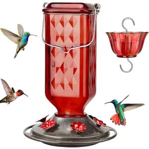 Kingsyard Glass Hummingbird Feeder for Outdoor Hanging, 24 Ounces, 6 Feeding Ports, Bird Nectar Feeder for Garden Dcor, Ant Moat Included, Red