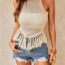 MakeMeChic Women's Crochet Fringe Pullover Sweater Crew Neck Sleeveless Knitted Tank Top (L)