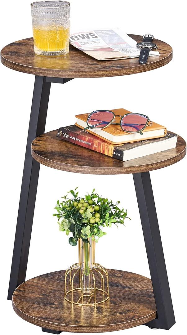 BEWISHOME Round End Table Side Table with Metal Frame, Accent Nightstand Bedside Table with 3-Tier Shelves, Small Couch Coffee Table for Living Room Bedroom Rustic Brown KTZ41Z 