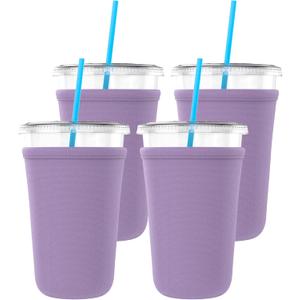 TahoeBay Iced Coffee Cold Cup Sleeve (4-Pack) Reusable Blank Neoprene Insulator Drink Sleeves 22oz - 24oz Beverage Holder for Vinyl Sublimation fits Dunkin' Medium and Starbucks Venti (Lavender)