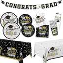 2025 Graduation Decorations Kit: Black and Gold Graduation Party Supplies with Disposable Plates, Napkins, Tablecloth, Cups and Congrats Grad Banner for 24 Guests - Graduation Party Decorations