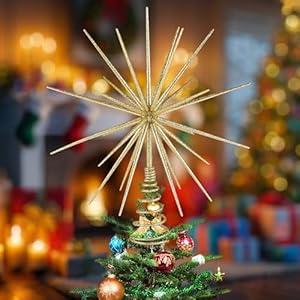 13.8 Inch Gold Christmas Starburst Tree Topper Glittered 3D Burst Plastic Tree Topper Exploding Star Christmas Decoration for Home Ornaments Holiday Party Supplies