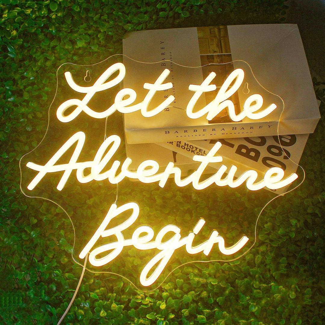NOSUN Let The Adventure Begin Neon Sign Adventure Neon Signs for Wall Decor Warm White Led Sign Funny Neon Lights for Bedroom Home Travel Club Bar Wedding Engagement Party Decor Dimmable LED Light