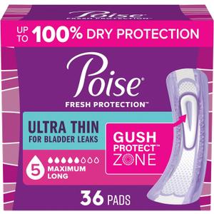 Poise Ultra Thin Incontinence Pads for Women, 5 Drop, Long, 36 ct