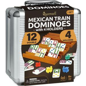 Mexican Train Dominoes Set with 4 Holders - Dominoes Double 12 with Wooden Hub and Tiles Holders - Double 12 Dominos Set for Family Game Night for Adults and Kids Ages 8 and up (D12 + 4 Holders)
