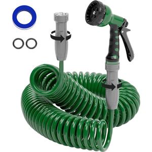 3/8" Lightweight Coil Garden Hose 50 FT, EVA Flexible Curly Water Pipes with 6-Pattern Spray Nozzle for Boat, Greenhouse, Yard, Patio, Green (50FT, Green)
