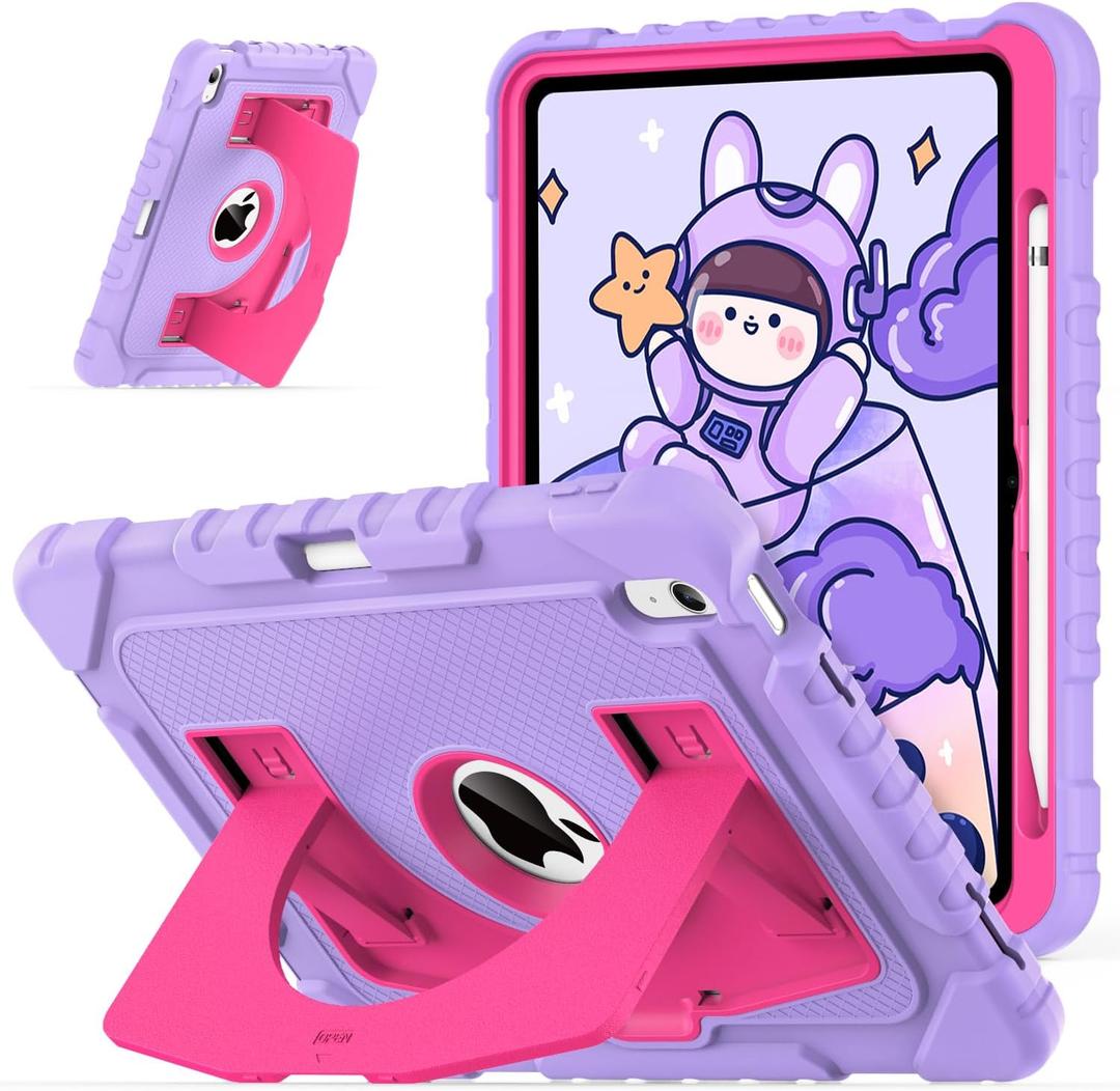 OKP Case for iPad A16 11th Generation 11 inch 2025/ 10th Generation 10.9 inch 2022, Shockproof Rugged Heavy Duty 11/10 th Gen i Pad Protective Cover with Pencil Holder/Kickstand, Purple+Hot Pink