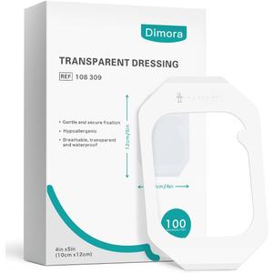 Dimora Waterproof Transparent Film Dressing, Clear Bandage Tape for Wound Care, Adhesive Post Surgical Cover Padfor IV Shield, Tattoo Aftercare, Shower Protector 4x4 3/4 inch 100 Packs