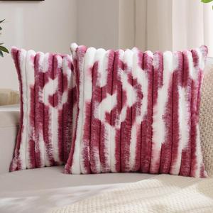 FUTEI Pack of 2 Faux Fur Plush Throw Pillow Covers 20x20 Inch Soft Tie Dye Striped Textured Farmhouse Decorative Cushion Covers Modern Home Decor for Couch Bed Living Room, Burgundy White