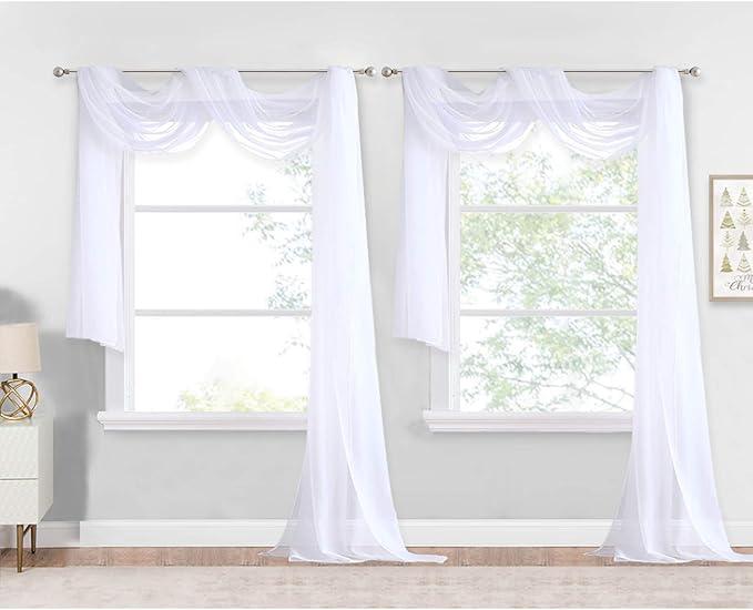 NICETOWN White Sheer Window Scarf 216 inch Extra Long 2 Panels, Soft Voile Textured Bed Canopy Scarf Curtains for Event Designs/Home Decor, 60 inches Wide