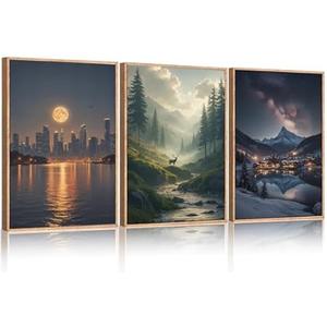 BICERE Large Modern City Moon Framed Canvas Wall Art, Forest Misty Wall Decor, Winter Town Night Wall Painting, Nature Landscape Picture Artwork for Living Room, Bedroom, Dining Room, Office, 24"x36"x3