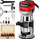 AVID POWER 6.5 Amp 1.25 HP Compact Router Tools for Woodworking, Fixed Base Wood Router with Trim Router Bits, 6 Variable Speeds, Edge Guide, Roller Guide, Dust Hood (Red, 65mm)