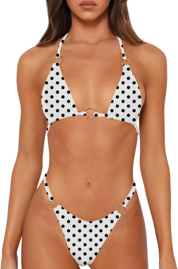 Sexy Bikinis for Women 2 Piece Bikini Spaghetti Strap Swimsuits Solid Color Bathing Swimwear Triangle Bathing Suit (Small, White-polka Dots)