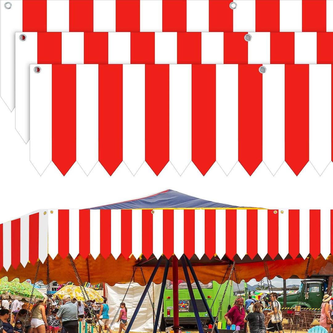 Carnival Tent Circus Theme Party Decorations White and Red Striped Circus Awning Decor 3D Awning Circus Tent Canopy for Carnival Theme Party Decor, 9.84 x 78.74 Inch(3 Pcs)