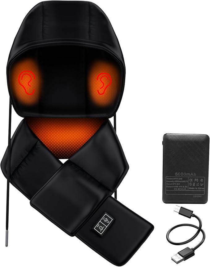 SoulBay Heated Scarf Rechargeable Electric Heating Pad with Hood & 5000mAh Power Bank, Gifts for Women Men Winter Outdoor Neck Pain Relief, Thermal Neck Warmer w/ 3-Level Adjustable Temp