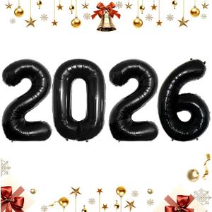 Black 2026 Balloons, 16 Inch Foil 2026 Number Balloons, Grad Balloons for Class of 2026 Graduation Party, Black Matellic Foil New Year Birthday Home Office Party Supplies