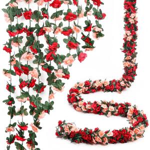 Miracliy 5 Pack 47 FT Fake Rose Vine Flowers Plants Artificial Flower Hanging Rose Ivy Home Hotel Office Wedding Party Garden Craft Art Dco (Dark Red)