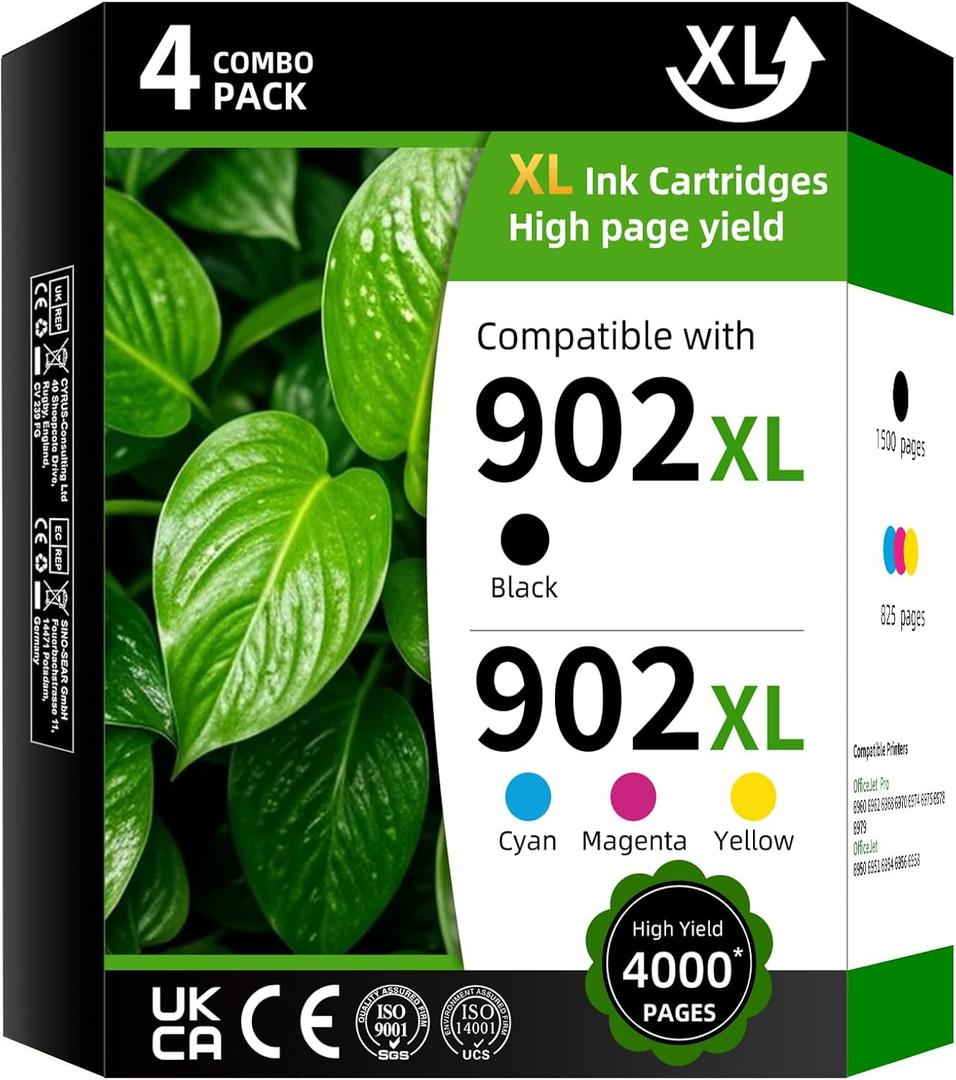 902XL High Yield Ink Cartridge Replacement for HP902XL HP902 902 XL Combo Pack Compatible with HP OfficeJet Pro 6960 6962 6968 6970 6974 6975 (Black Cyan Magenta Yellow 4 Pack)