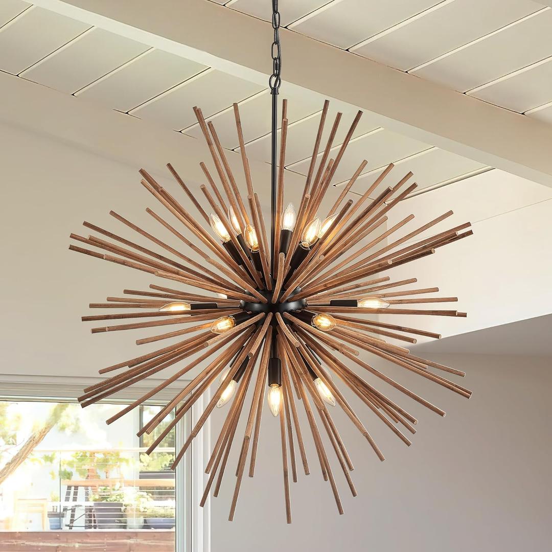 37.4" Farmhouse Sputnik Chandelier for Dining Room Rustic Handmade Natural Wood 18-Light Hanging Ceiling Pendant Light Fixture Starburst Wood Chandeliers for Kitchen Bedroom Foyer Hallway