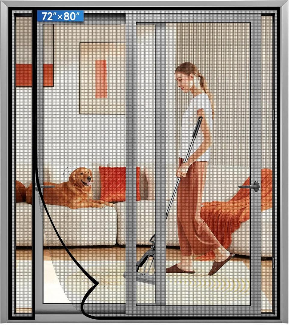 Magnetic Screen Door Left Right Side Opening Upgraded PET Mesh Greater Than Fiberglass and Polyester,Keep Bugs Out,Pet & Kid Friendly,Suitable for Sliding Doors,Patio French Doors-72" X 80"